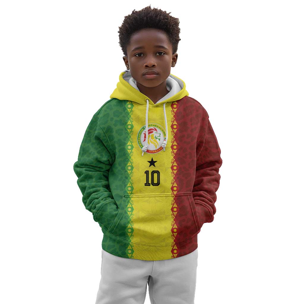 Custom Senegal National Football Kid Hoodie Lions Of Teranga Leopard Print Tribal Flag Graphic