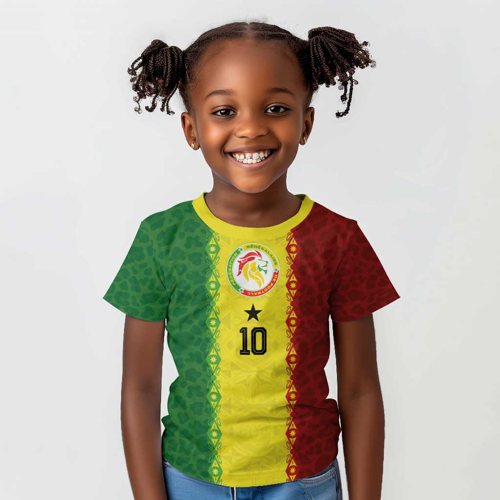Custom Senegal National Football Kid T shirt Lions Of Teranga Leopard Print Tribal Flag Graphic