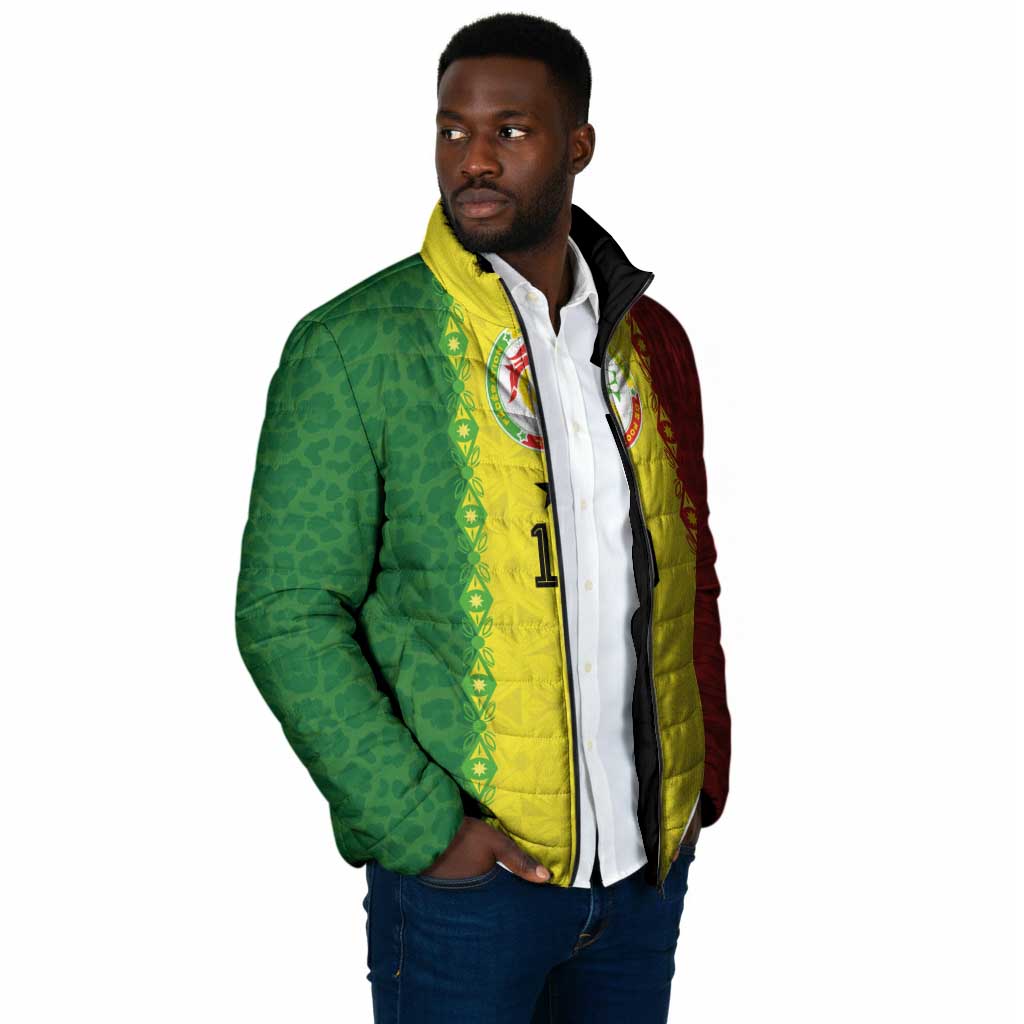 Custom Senegal National Football Padded Jacket Lions Of Teranga Leopard Print Tribal Flag Graphic