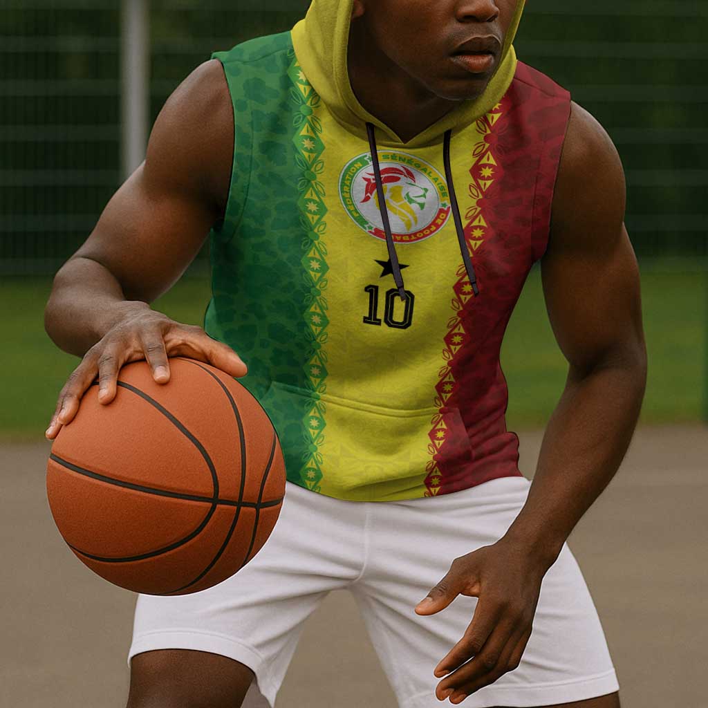 Custom Senegal National Football Sleeveless Hoodie Lions Of Teranga Leopard Print Tribal Flag Graphic