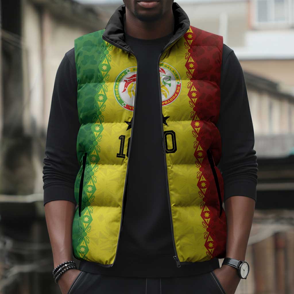 Custom Senegal National Football Sleeveless Puffer Jacket Lions Of Teranga Leopard Print Tribal Flag Graphic