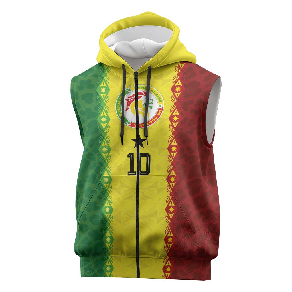 Custom Senegal National Football Sleeveless Zip Hoodie Lions Of Teranga Leopard Print Tribal Flag Graphic