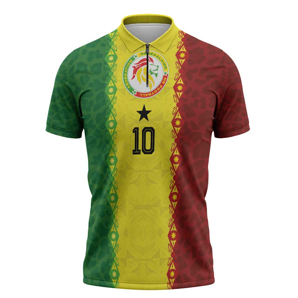 Custom Senegal National Football Zipper Polo Shirt Lions Of Teranga Leopard Print Tribal Flag Graphic