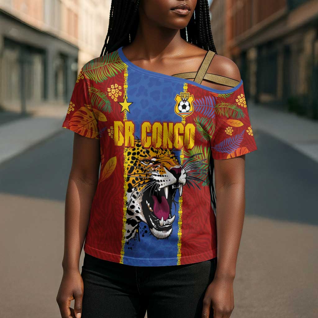 Custom DR Congo National Football Cross Shoulder Shirt The Leopards Tropical Jungle Leaf Botanical Art