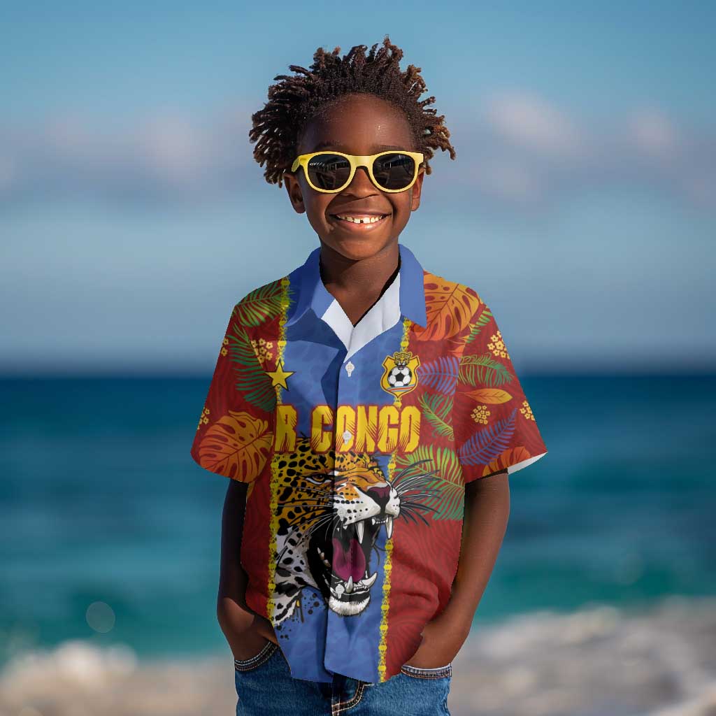 Custom DR Congo National Football Kid Hawaiian Shirt The Leopards Tropical Jungle Leaf Botanical Art