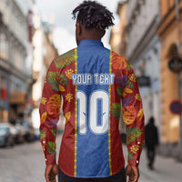 Custom DR Congo National Football Long Sleeve Button Shirt The Leopards Tropical Jungle Leaf Botanical Art