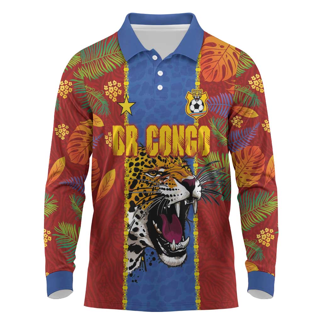 Custom DR Congo National Football Long Sleeve Polo Shirt The Leopards Tropical Jungle Leaf Botanical Art