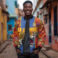 Custom DR Congo National Football Sleeve Zip Bomber Jacket The Leopards Tropical Jungle Leaf Botanical Art