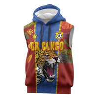 Custom DR Congo National Football Sleeveless Hoodie The Leopards Tropical Jungle Leaf Botanical Art