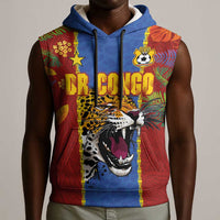 Custom DR Congo National Football Sleeveless Hoodie The Leopards Tropical Jungle Leaf Botanical Art