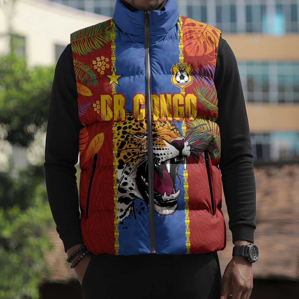 Custom DR Congo National Football Sleeveless Puffer Jacket The Leopards Tropical Jungle Leaf Botanical Art