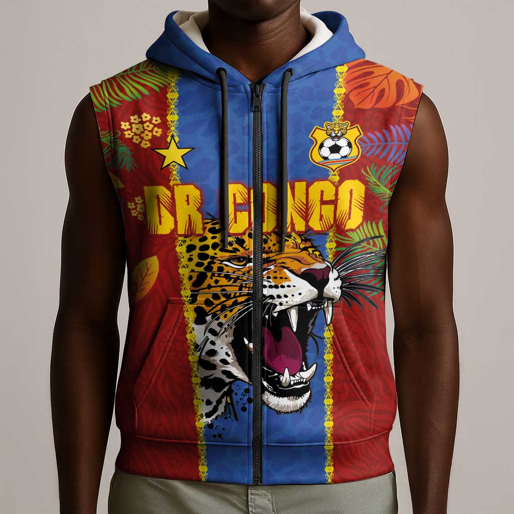 Custom DR Congo National Football Sleeveless Zip Hoodie The Leopards Tropical Jungle Leaf Botanical Art