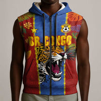 Custom DR Congo National Football Sleeveless Zip Hoodie The Leopards Tropical Jungle Leaf Botanical Art