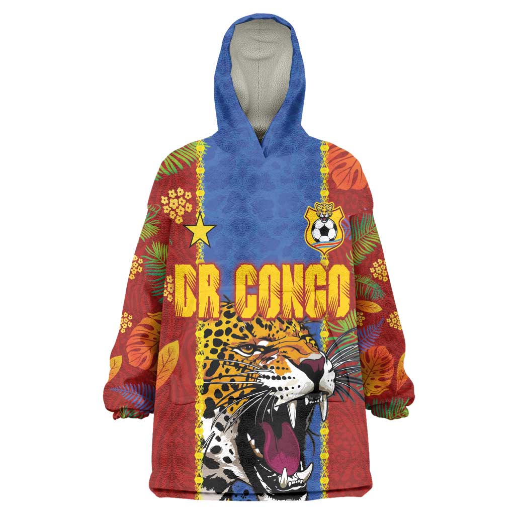 Custom DR Congo National Football Wearable Blanket Hoodie The Leopards Tropical Jungle Leaf Botanical Art
