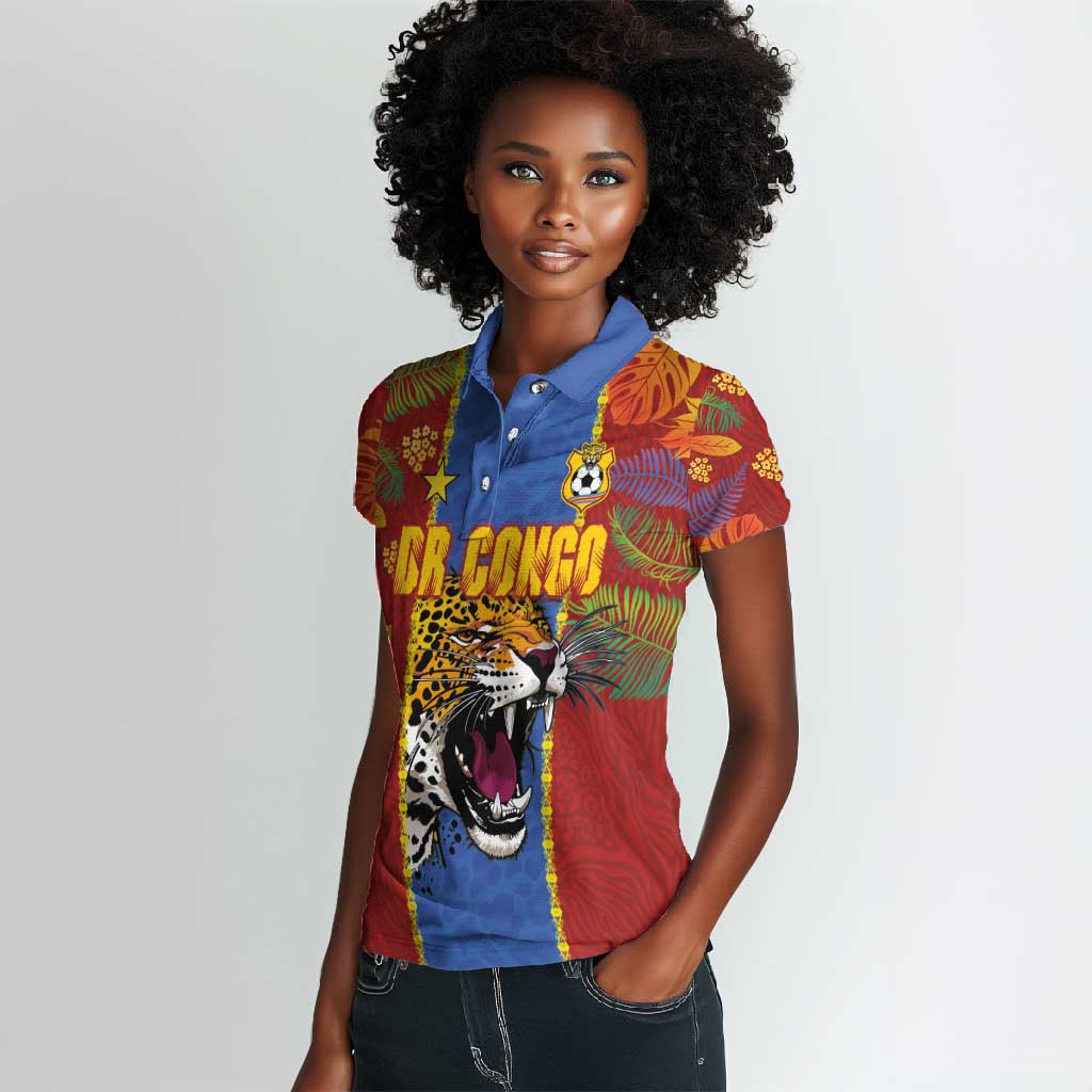 Custom DR Congo National Football Women Polo Shirt The Leopards Tropical Jungle Leaf Botanical Art