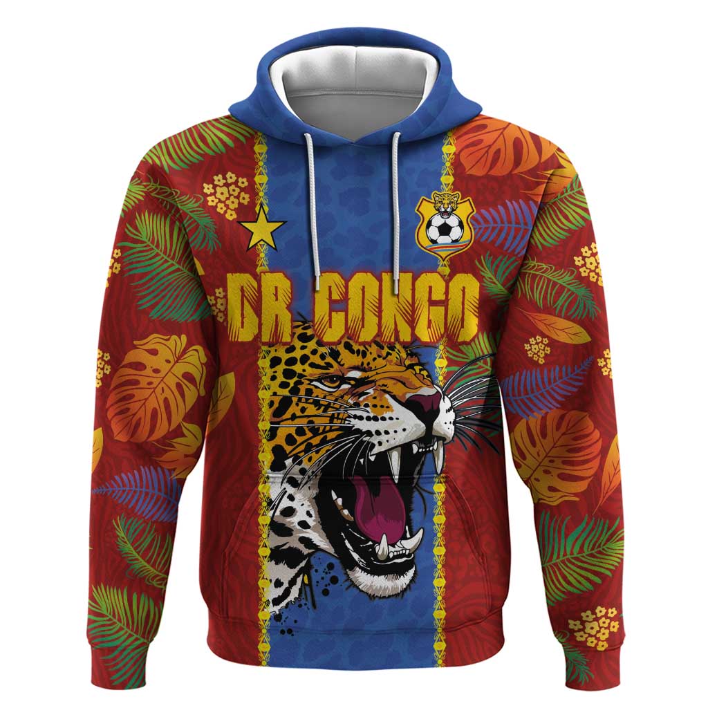 Custom DR Congo National Football Zip Hoodie The Leopards Tropical Jungle Leaf Botanical Art