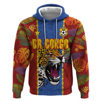 Custom DR Congo National Football Zip Hoodie The Leopards Tropical Jungle Leaf Botanical Art