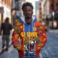 Custom DR Congo National Football Zip Hoodie The Leopards Tropical Jungle Leaf Botanical Art
