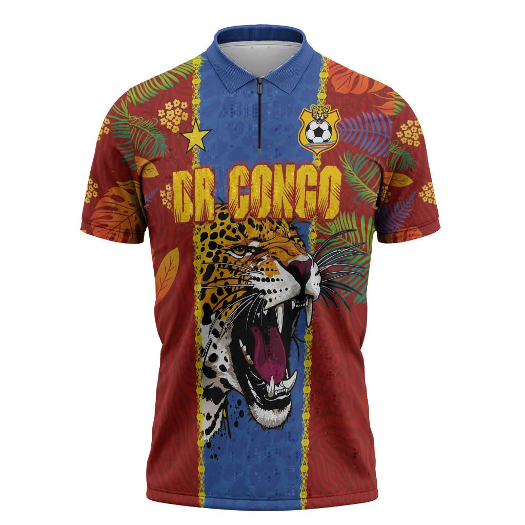 Custom DR Congo National Football Zipper Polo Shirt The Leopards Tropical Jungle Leaf Botanical Art