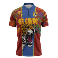 Custom DR Congo National Football Zipper Polo Shirt The Leopards Tropical Jungle Leaf Botanical Art