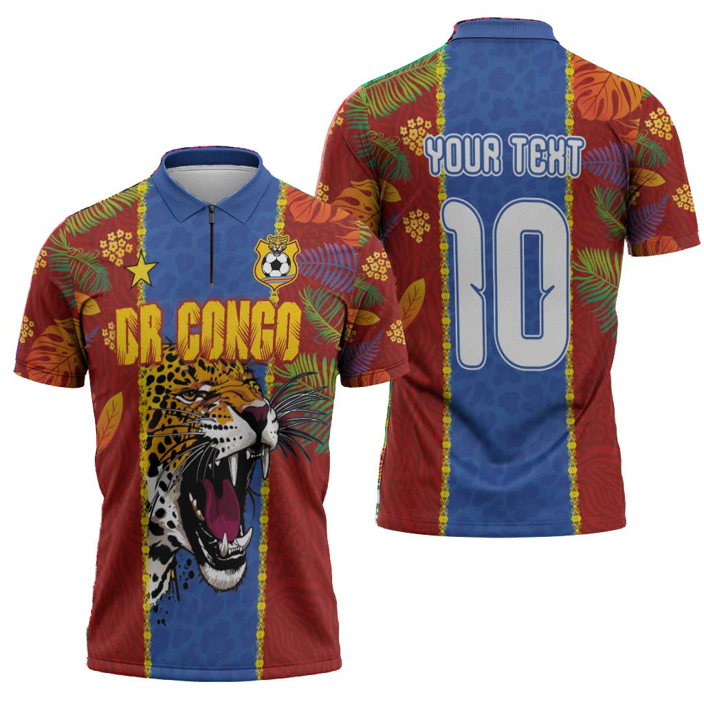 Custom DR Congo National Football Zipper Polo Shirt The Leopards Tropical Jungle Leaf Botanical Art