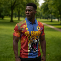 Custom DR Congo National Football Zipper Polo Shirt The Leopards Tropical Jungle Leaf Botanical Art