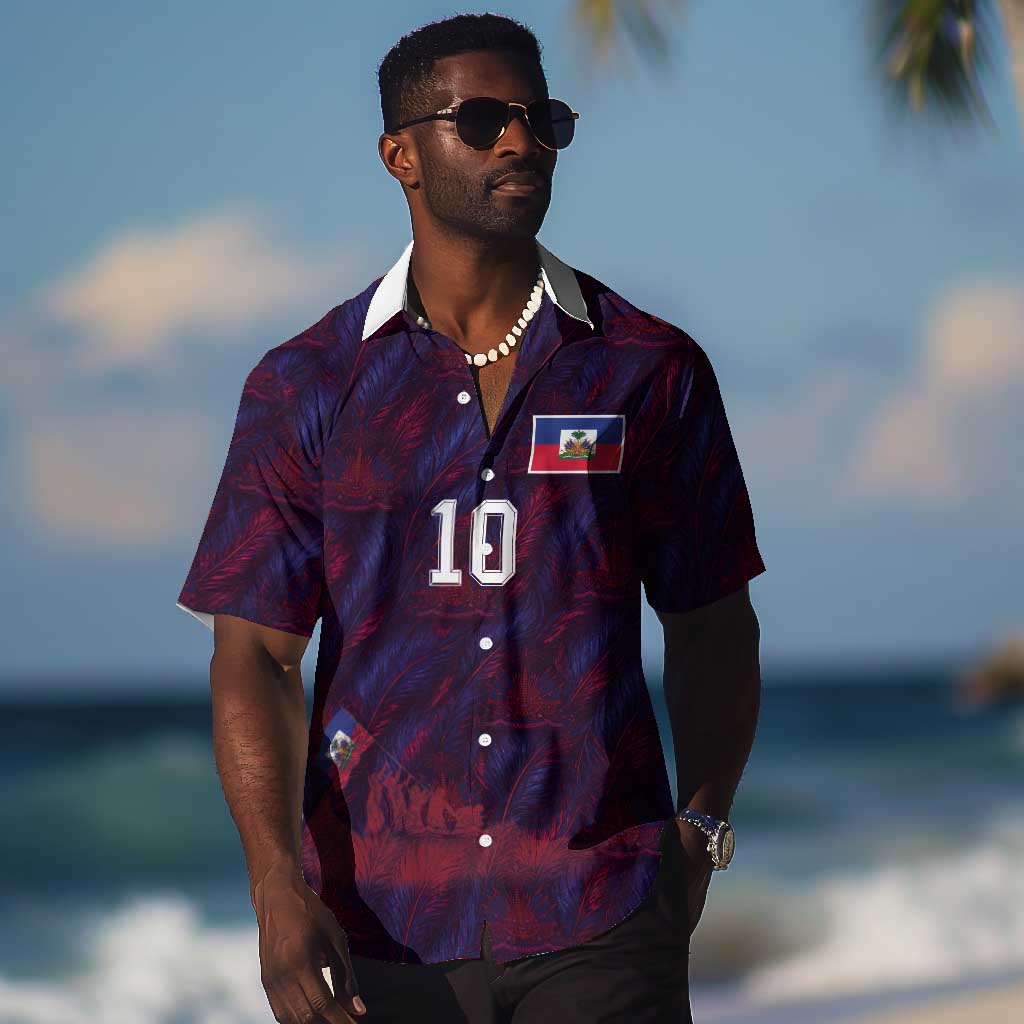 Custom Haiti National Football Hawaiian Shirt Les Grenadiers Feather Pattern Coat Of Arms Art