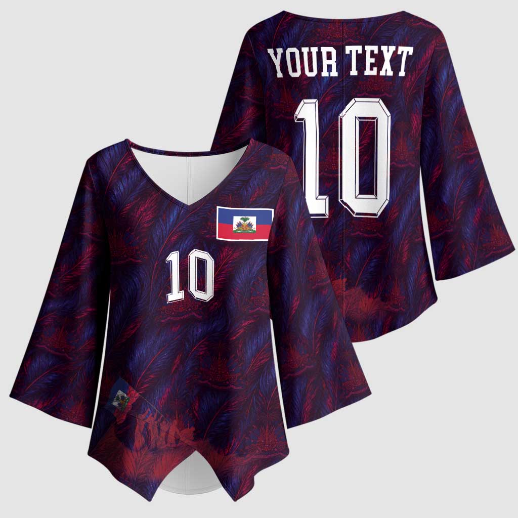 Custom Haiti National Football Kimono Sleeve Blouse Les Grenadiers Feather Pattern Coat Of Arms Art