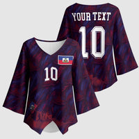 Custom Haiti National Football Kimono Sleeve Blouse Les Grenadiers Feather Pattern Coat Of Arms Art