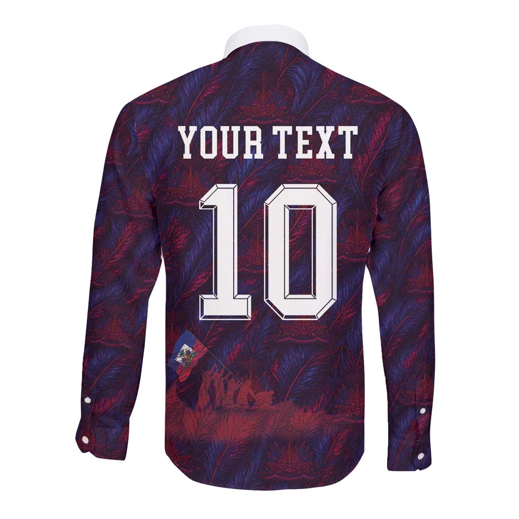 Custom Haiti National Football Long Sleeve Button Shirt Les Grenadiers Feather Pattern Coat Of Arms Art