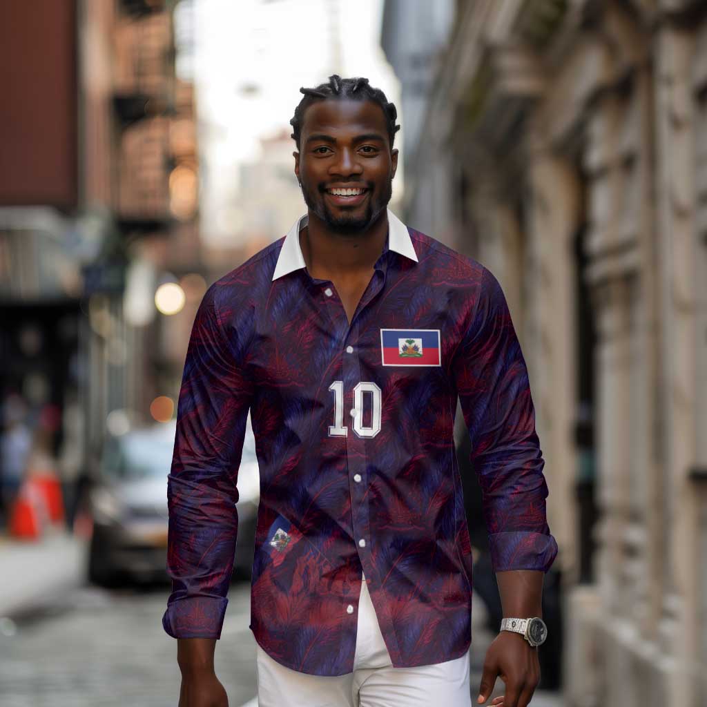 Custom Haiti National Football Long Sleeve Button Shirt Les Grenadiers Feather Pattern Coat Of Arms Art