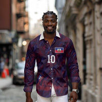 Custom Haiti National Football Long Sleeve Button Shirt Les Grenadiers Feather Pattern Coat Of Arms Art