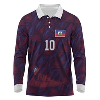 Custom Haiti National Football Long Sleeve Polo Shirt Les Grenadiers Feather Pattern Coat Of Arms Art