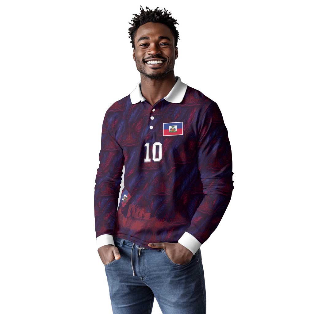 Custom Haiti National Football Long Sleeve Polo Shirt Les Grenadiers Feather Pattern Coat Of Arms Art