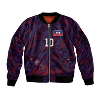 Custom Haiti National Football Sleeve Zip Bomber Jacket Les Grenadiers Feather Pattern Coat Of Arms Art