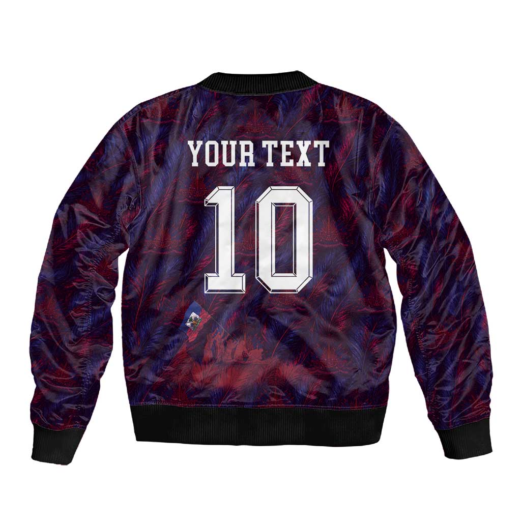 Custom Haiti National Football Sleeve Zip Bomber Jacket Les Grenadiers Feather Pattern Coat Of Arms Art
