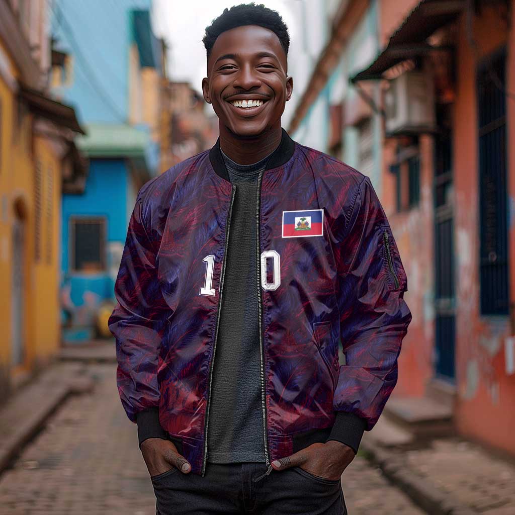 Custom Haiti National Football Sleeve Zip Bomber Jacket Les Grenadiers Feather Pattern Coat Of Arms Art