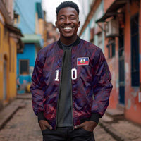 Custom Haiti National Football Sleeve Zip Bomber Jacket Les Grenadiers Feather Pattern Coat Of Arms Art