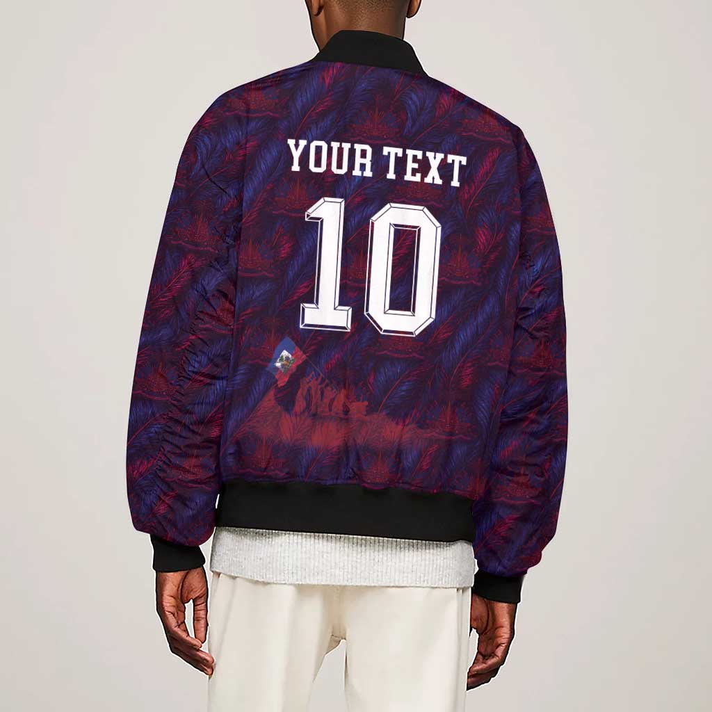 Custom Haiti National Football Sleeve Zip Bomber Jacket Les Grenadiers Feather Pattern Coat Of Arms Art