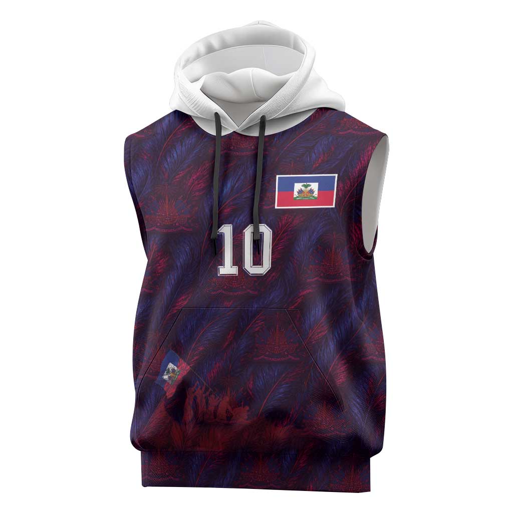 Custom Haiti National Football Sleeveless Hoodie Les Grenadiers Feather Pattern Coat Of Arms Art