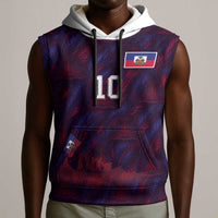 Custom Haiti National Football Sleeveless Hoodie Les Grenadiers Feather Pattern Coat Of Arms Art