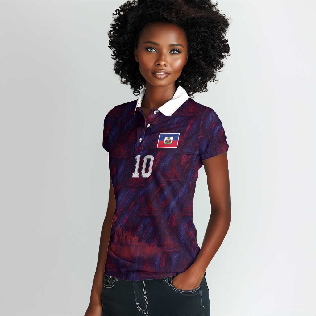 Custom Haiti National Football Women Polo Shirt Les Grenadiers Feather Pattern Coat Of Arms Art