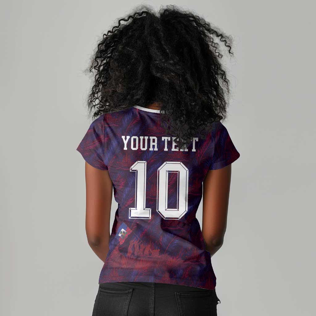 Custom Haiti National Football Women V-Neck T-Shirt Les Grenadiers Feather Pattern Coat Of Arms Art