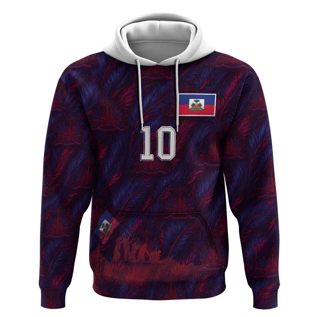 Custom Haiti National Football Zip Hoodie Les Grenadiers Feather Pattern Coat Of Arms Art