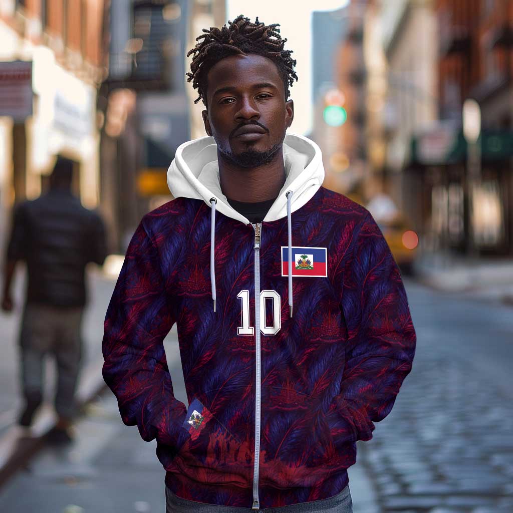 Custom Haiti National Football Zip Hoodie Les Grenadiers Feather Pattern Coat Of Arms Art