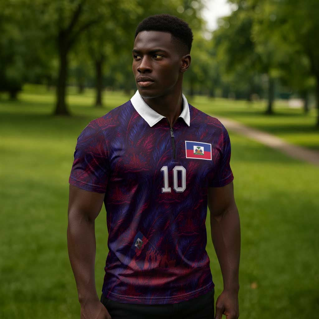 Custom Haiti National Football Zipper Polo Shirt Les Grenadiers Feather Pattern Coat Of Arms Art