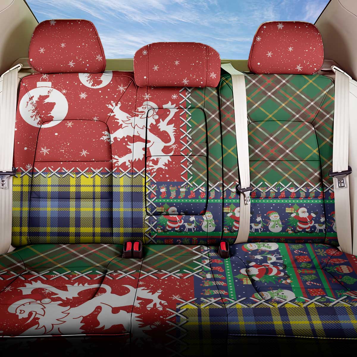 Scottish Christmas Back Car Seat Cover Scotland Lion and Xmas Elements Patch Style - Wonder Print Shop