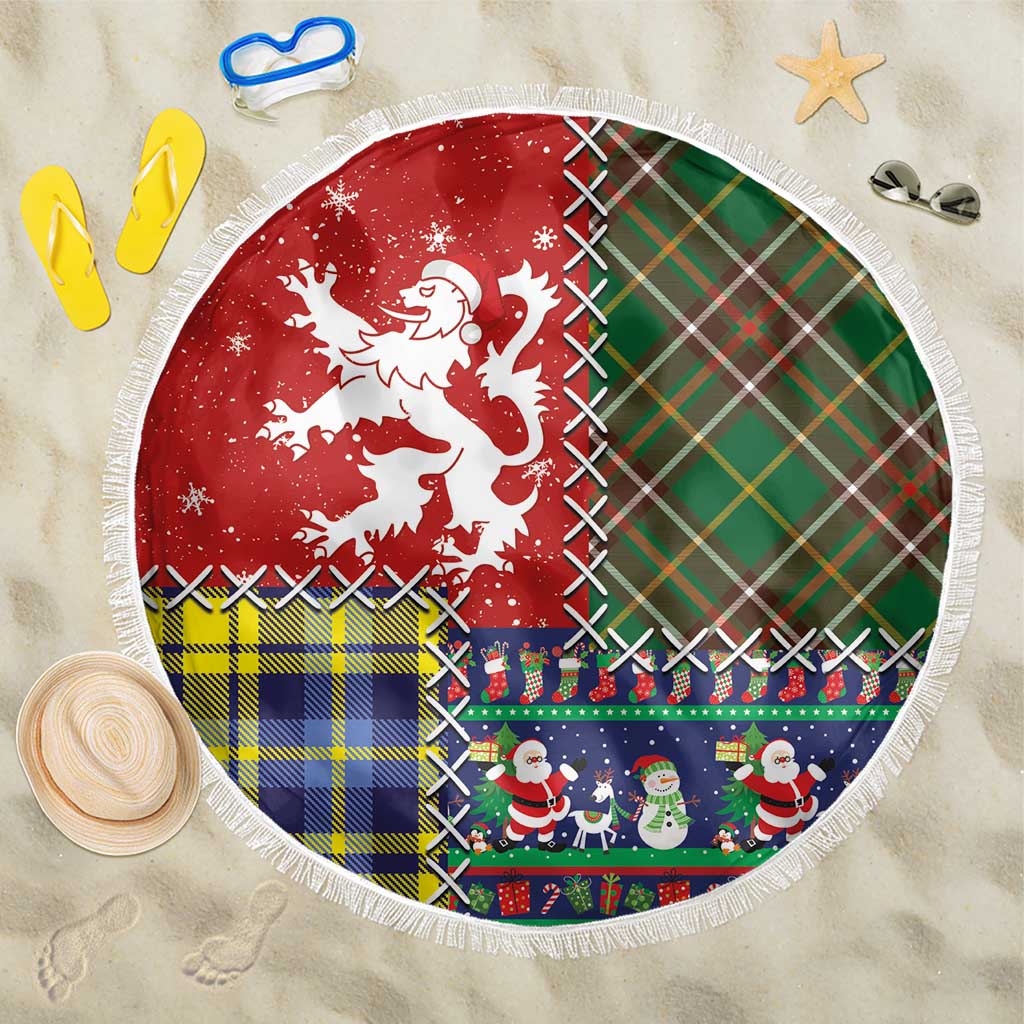 Scottish Christmas Beach Blanket Scotland Lion and Xmas Elements Patch Style - Wonder Print Shop