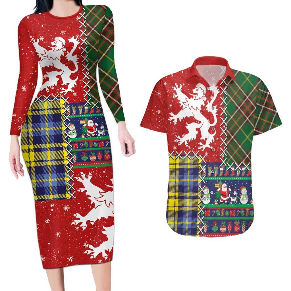 Scottish Christmas Couples Matching Long Sleeve Bodycon Dress and Hawaiian Shirt Scotland Lion and Xmas Elements Patch Style - Wonder Print Shop