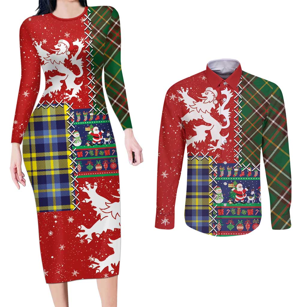 Scottish Christmas Couples Matching Long Sleeve Bodycon Dress and Long Sleeve Button Shirt Scotland Lion and Xmas Elements Patch Style - Wonder Print Shop
